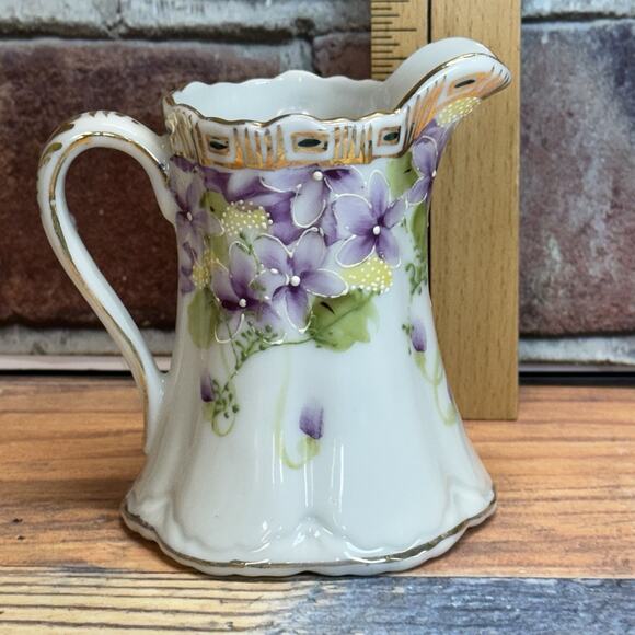 Antique Nippon Morimura Gumi Moriage Maple Leaf‎ Mark Floral Pitcher Vase - Picture 4 of 9